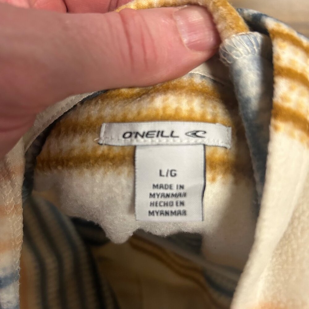 Women's Large ONeill Striped Fleece Hoodie Beige Blue Brown EUC - Picture 8 of 10